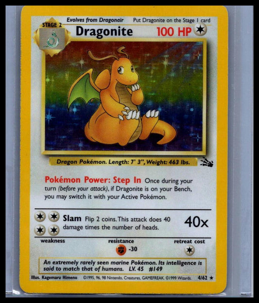 Dragonite (4) Fossil #04/62 UNLIMITED CLEAN - ROSE ERROR PATTERN